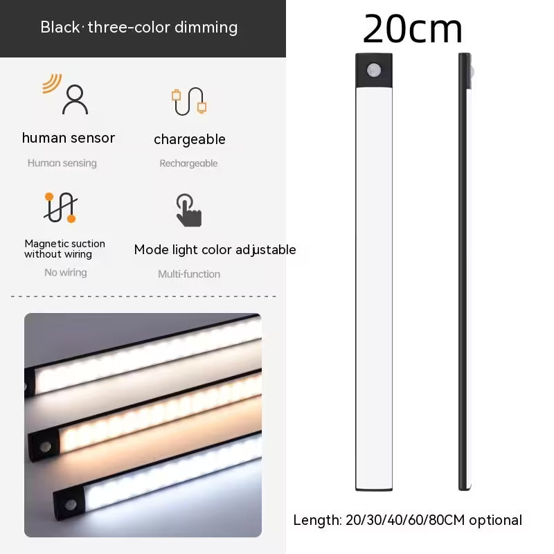 LED strip light with features like human sensor, chargeable, magnetic suction, and adjustable color mode on a white background.
