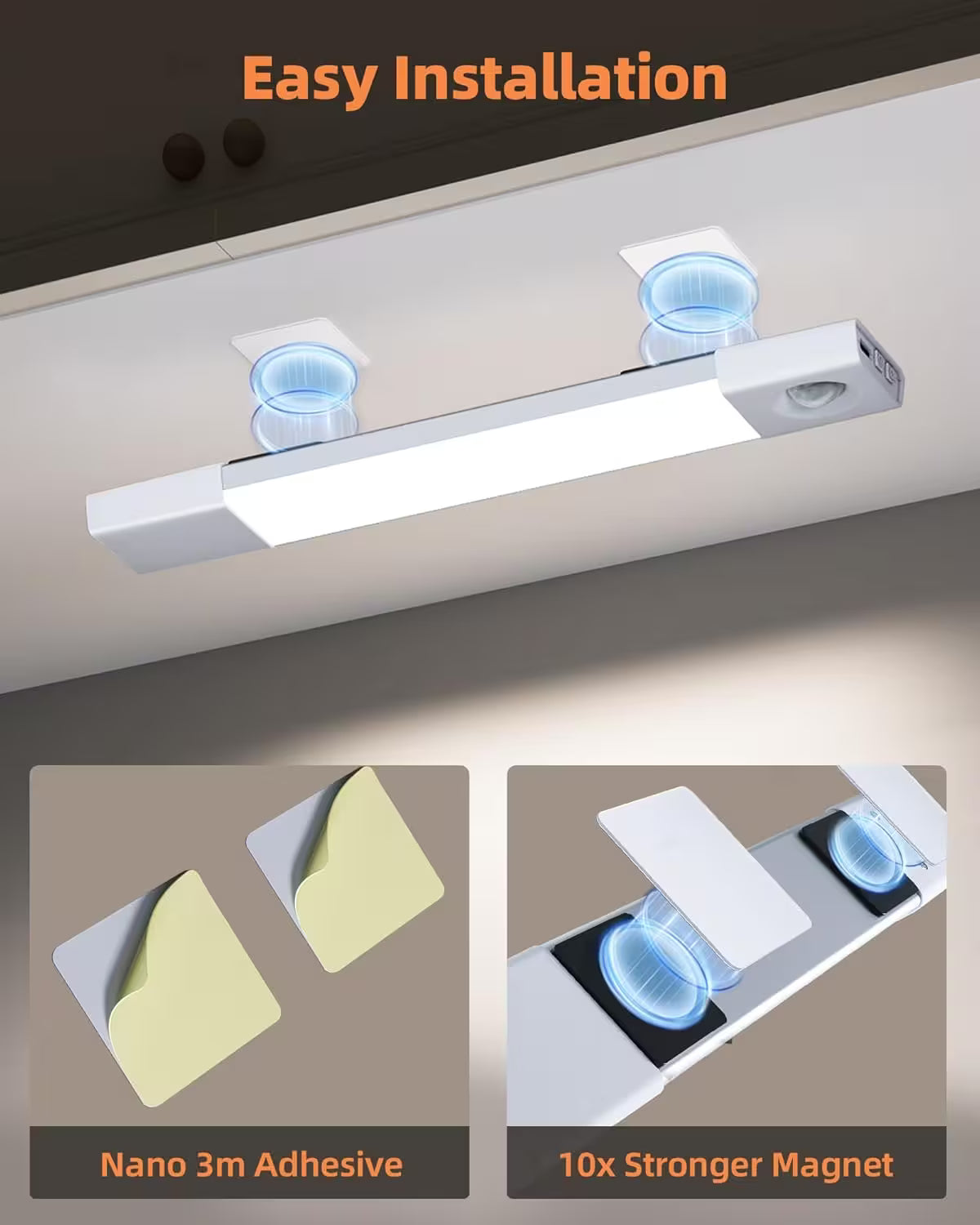 Ceiling light fixture with adhesive pads and magnetic base for easy installation.