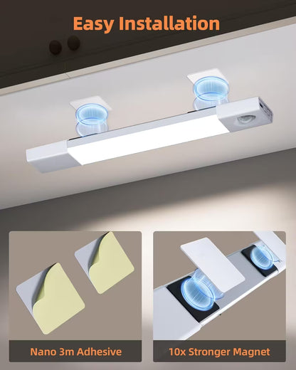 Ceiling light fixture with adhesive pads and magnetic base for easy installation.