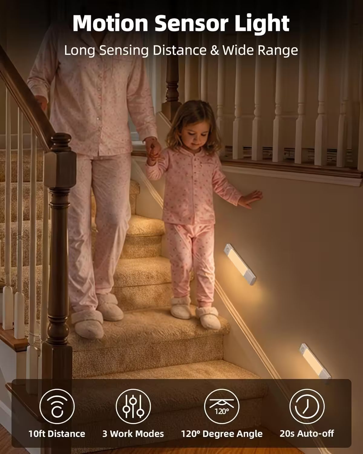 Child and adult walking up a staircase with motion sensor lights on, highlighting features like long sensing distance and wide range.