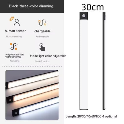LED strip light with features like human sensor, chargeable, magnetic suction, and adjustable color mode on a white background.