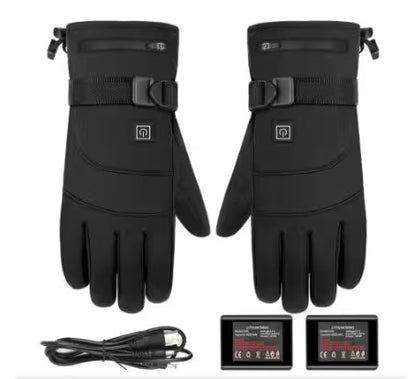 Pair of black heated gloves with battery pack and charging cable on a white background