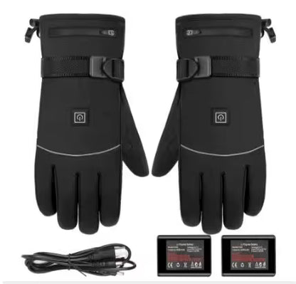 Pair of black heated gloves with battery pack and cable on a white background