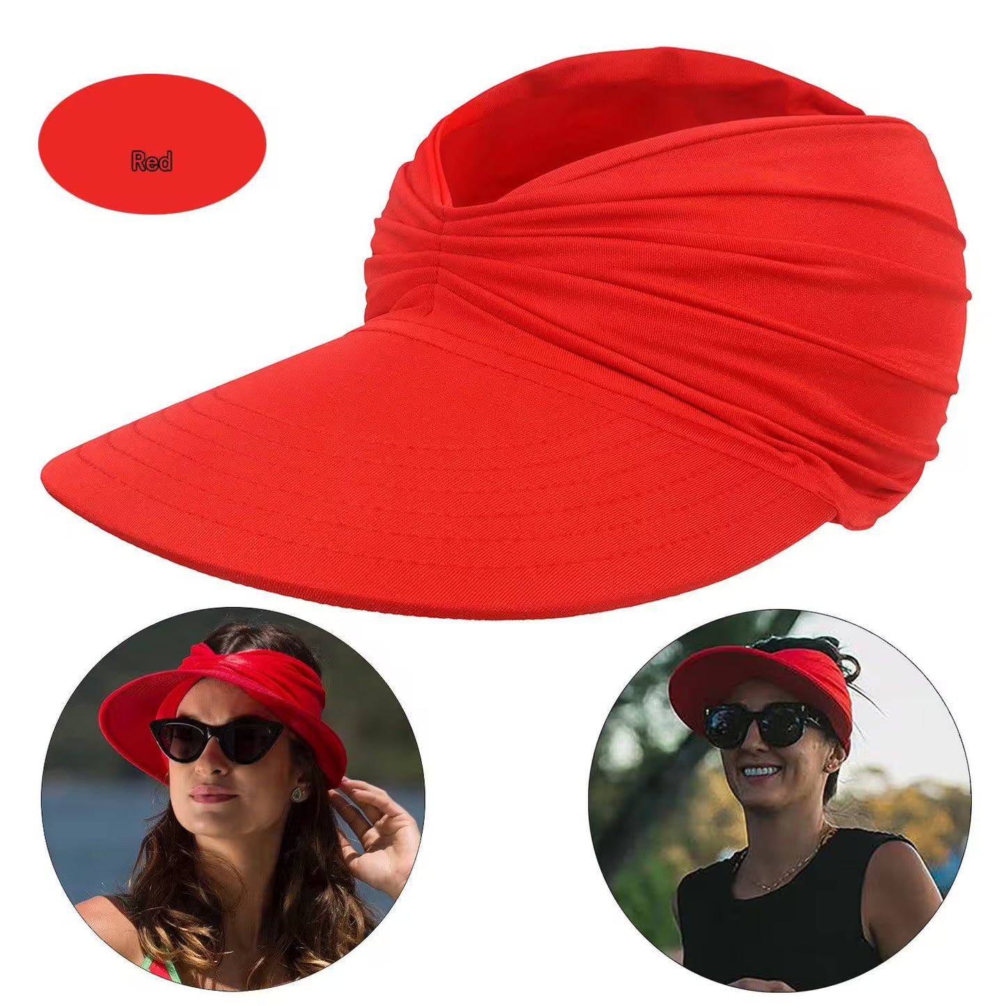 Red visor cap with two people wearing it on a white background