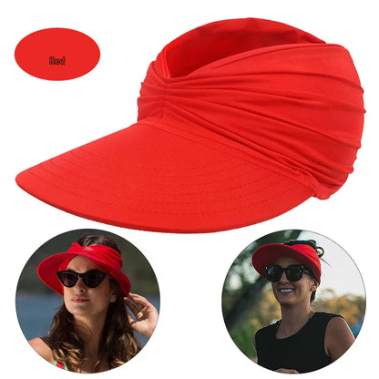 Red visor cap with two people wearing it on a white background