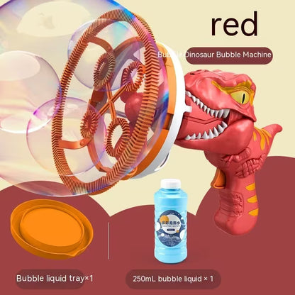 Red dinosaur bubble machine with bubble liquid tray and bottle on a colorful background
