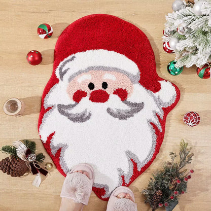 Santa Claus-shaped rug on a wooden floor with Christmas decorations.