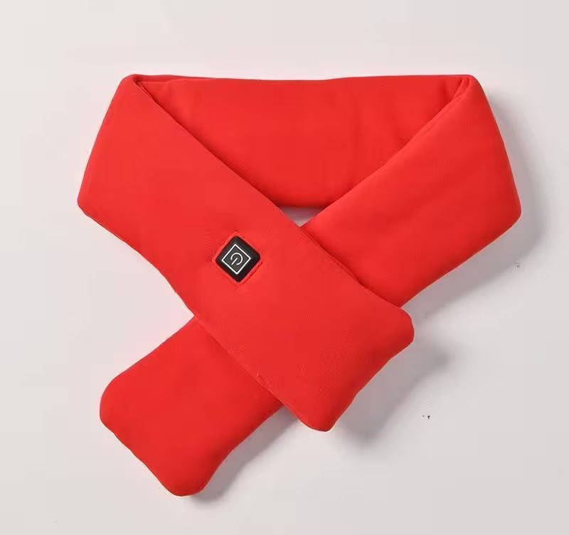 Red neck warmer with a black button on a light gray background