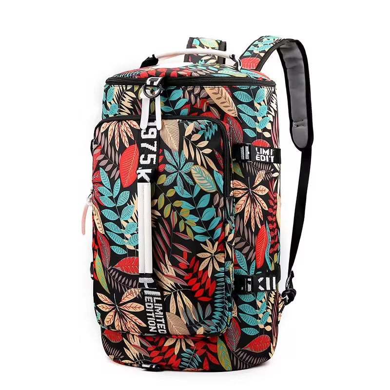 Multicolored floral-patterned backpack on a white background