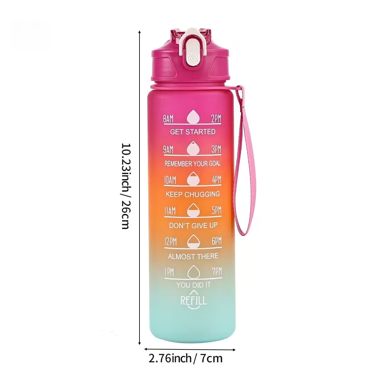 Gradient water bottle with motivational phrases and measurements on a white background