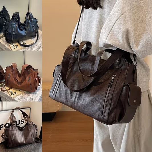 Brown leather handbag held by a person with close-up shots of the bag on a surface.