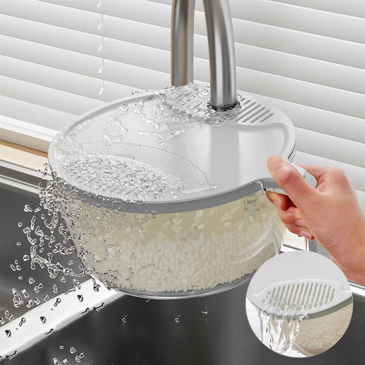 Rice Washer Strainer with Lid – Snap-Lock Colander for Rice, Beans & Veggies (No Mess, No Spills!)