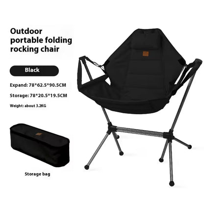 Black outdoor portable folding rocking chair with storage bag on a white background