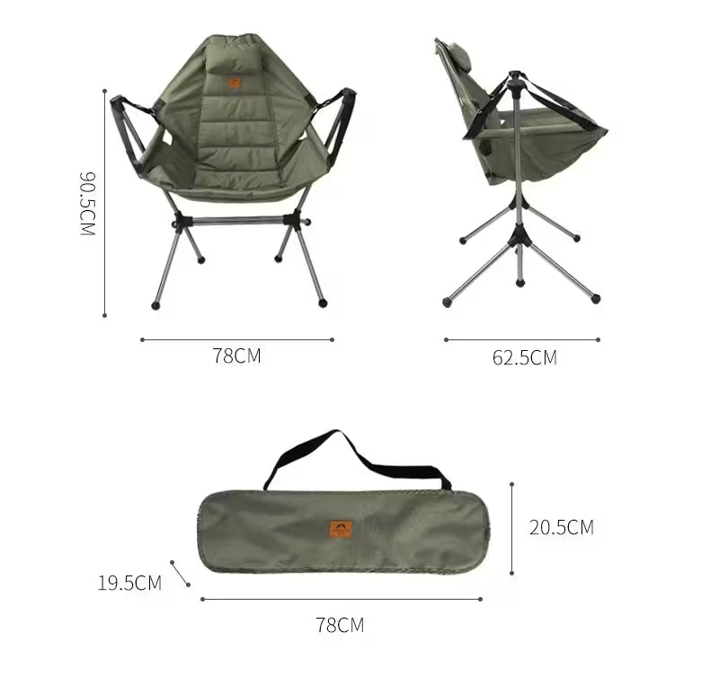 Camping chair with dimensions and carrying bag on a white background