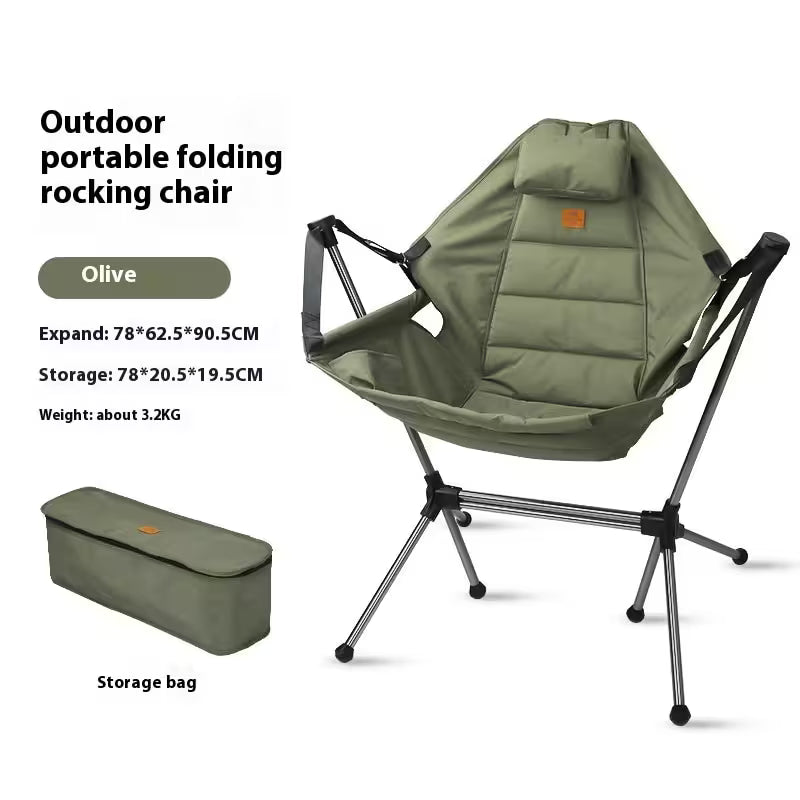 Olive green outdoor portable folding rocking chair with storage bag on a white background