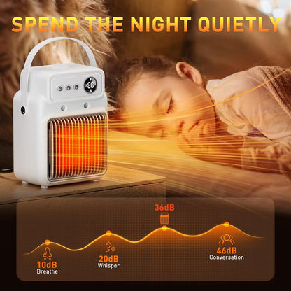 Portable heater emitting a warm glow with a child sleeping in the background, labeled 'Spend the night quietly'.