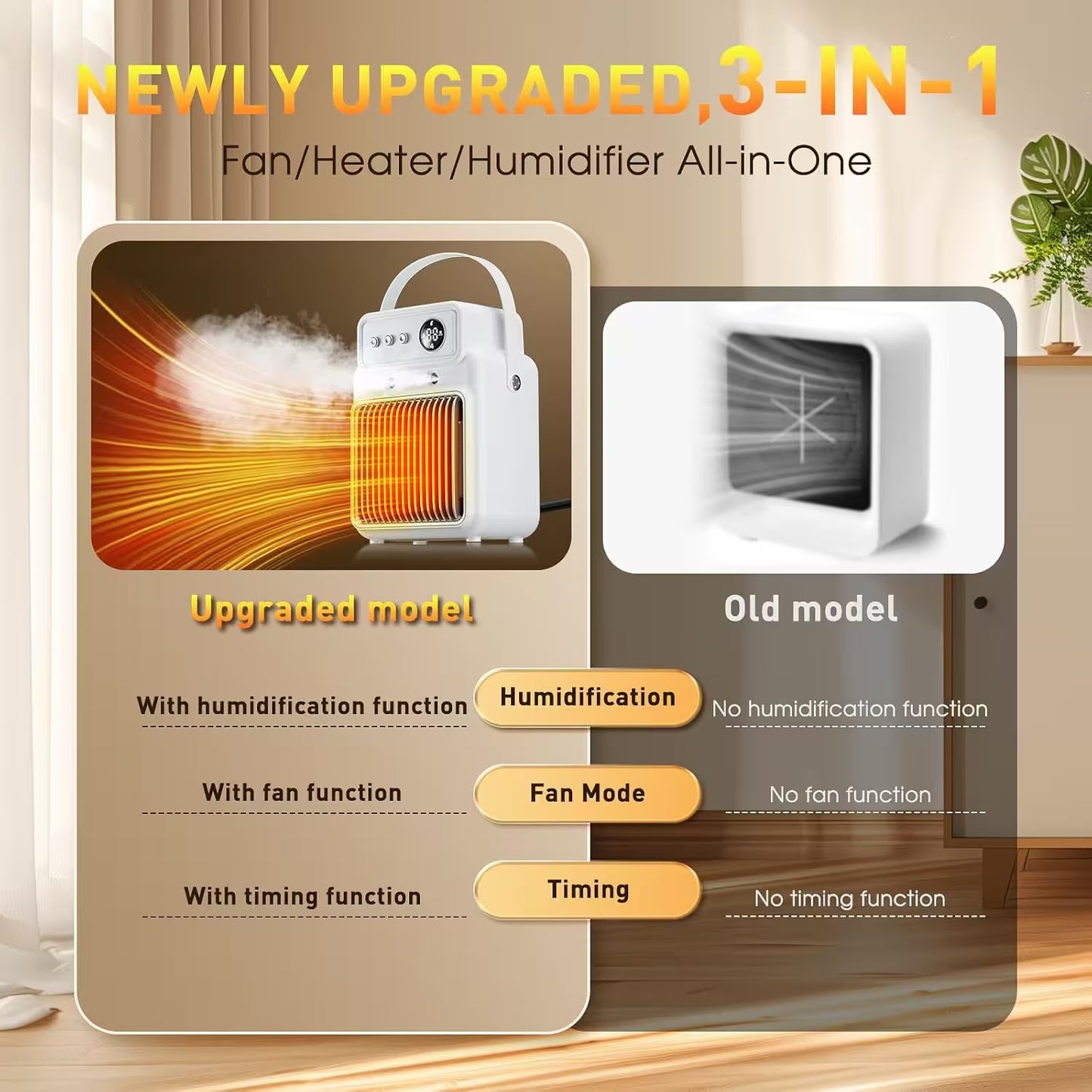 Advertisement for a newly upgraded 3-in-1 fan, heater, and humidifier device with comparison to an old model.