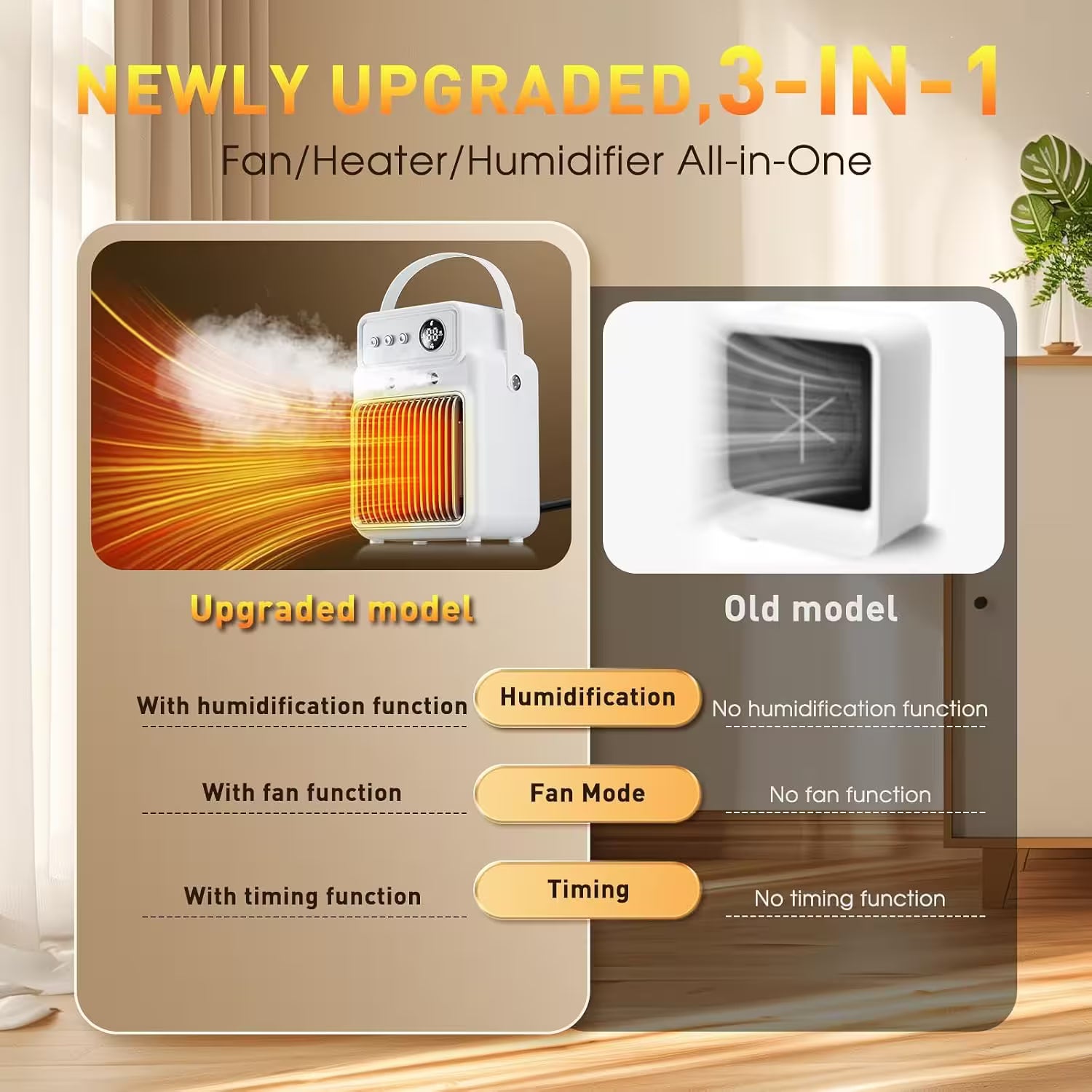Advertisement for a newly upgraded 3-in-1 fan, heater, and humidifier device with comparison to an old model.
