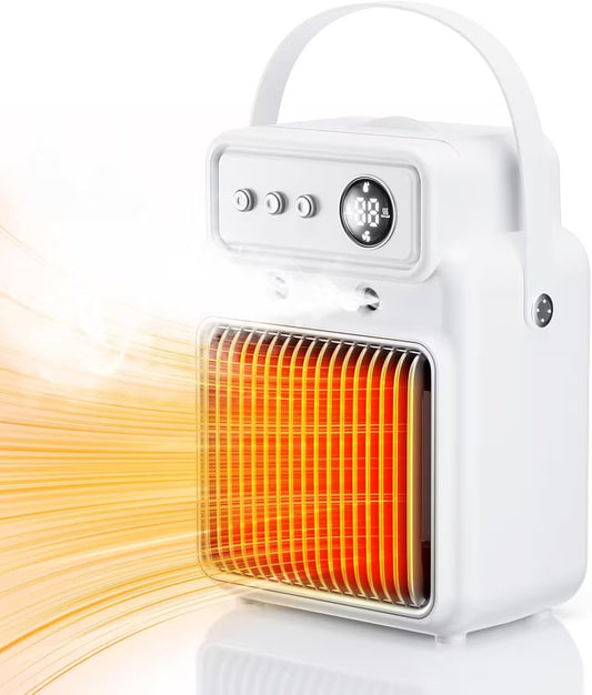Portable space heater with digital display on a white background