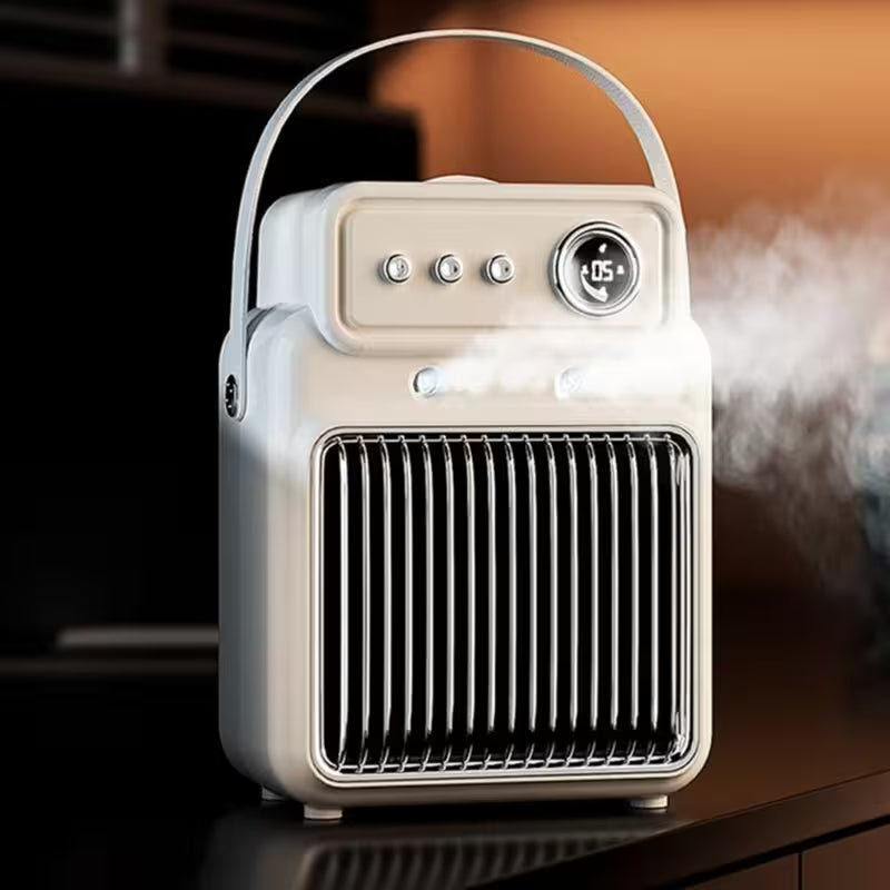 Vintage-style air cooler on a dark surface with steam coming out