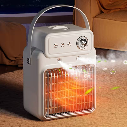 Portable space heater emitting steam in a room with furniture.