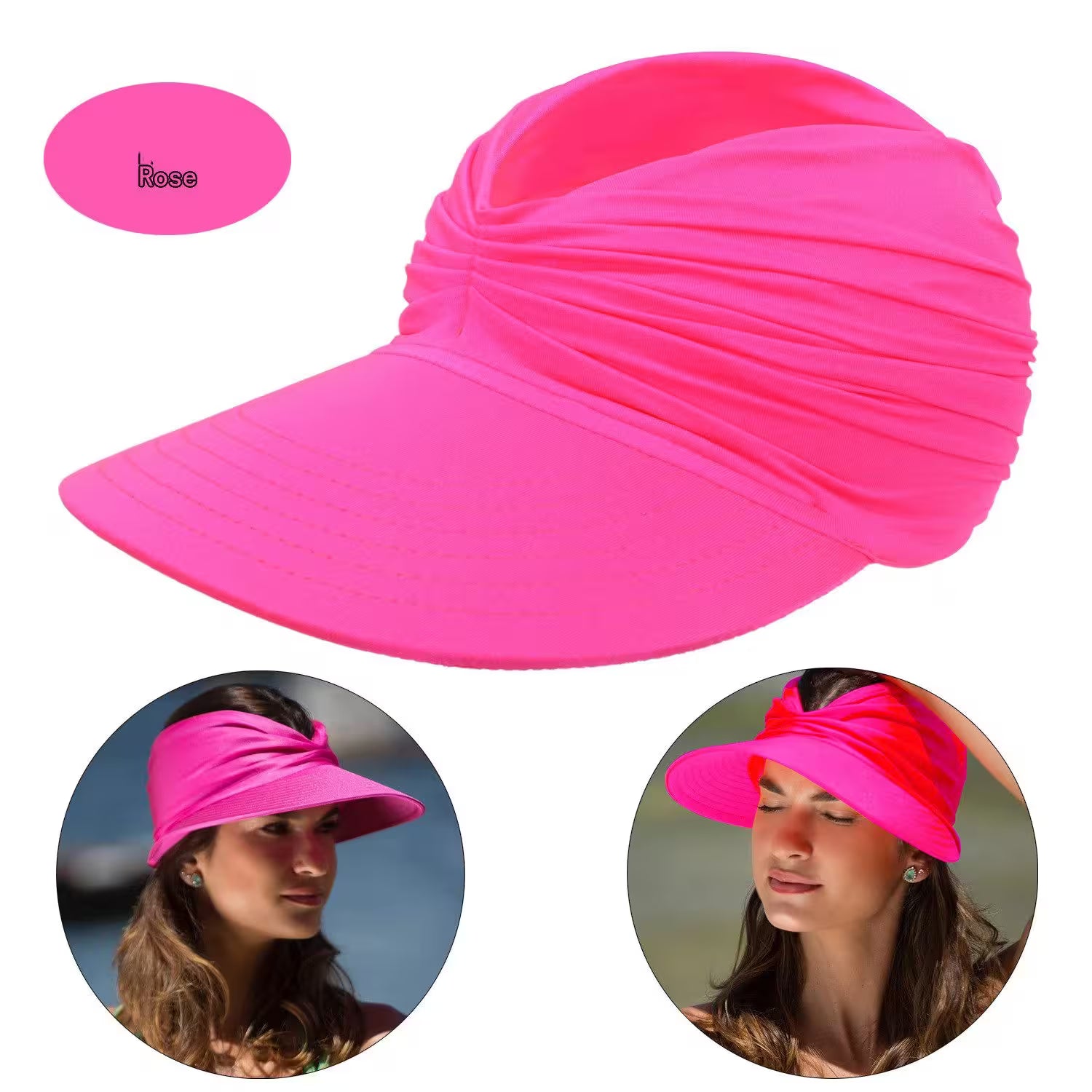 Pink visor cap with close-up views of a woman wearing it on a white background.