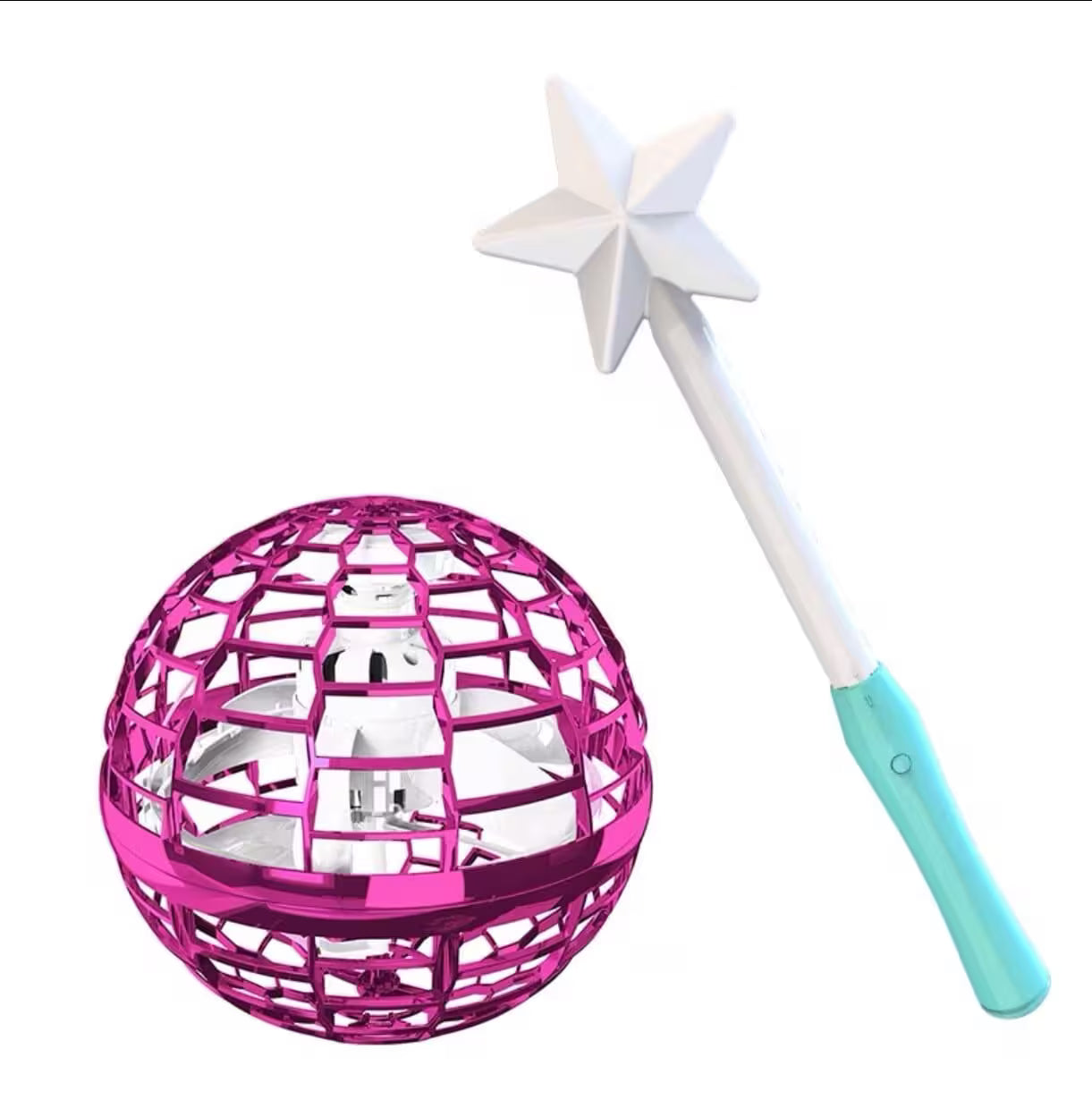 Pink metallic ball with a star-shaped wand on a white background