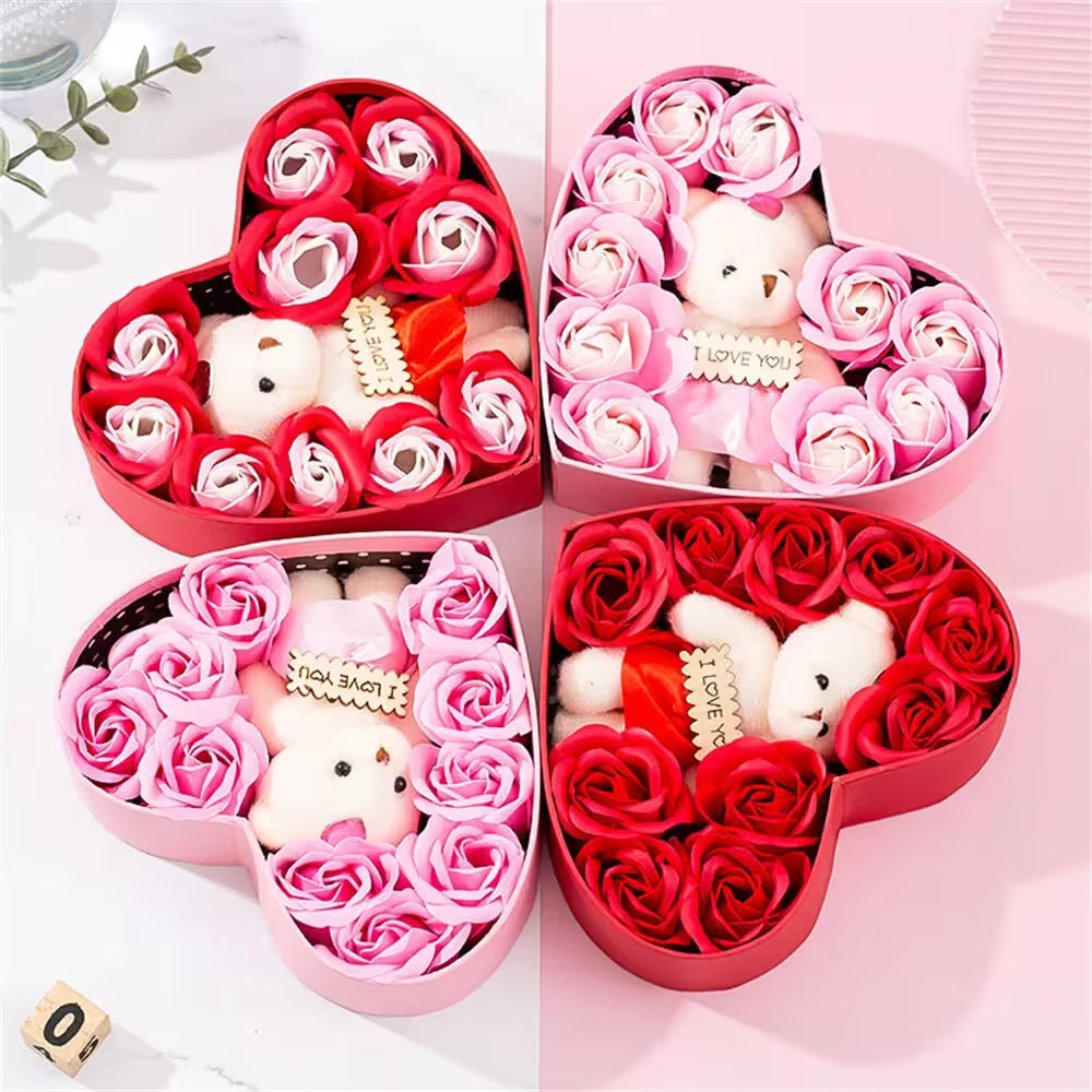Heart-shaped boxes with teddy bears and roses, featuring 'I LOVE YOU' text, on a white background.
