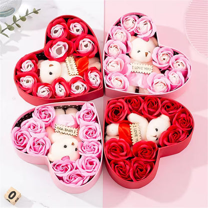 Heart-shaped boxes with teddy bears and roses, featuring 'I LOVE YOU' text, on a white background.