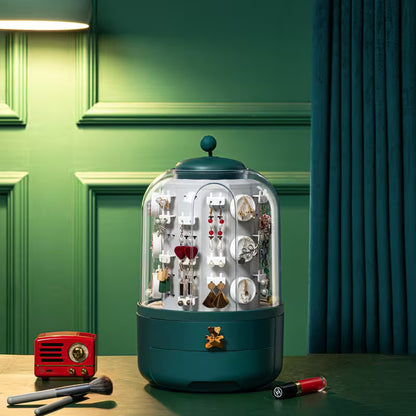 Decorative jewelry display case with earrings on a green wall background