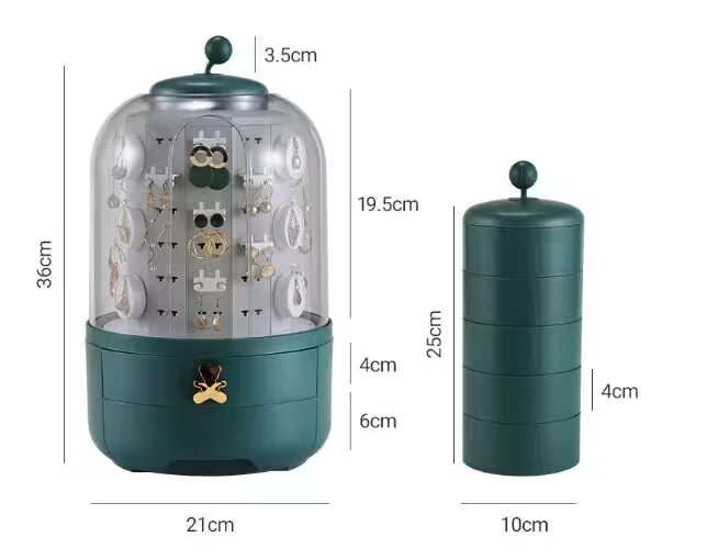 Green jewelry organizer with clear top and dimensions displayed