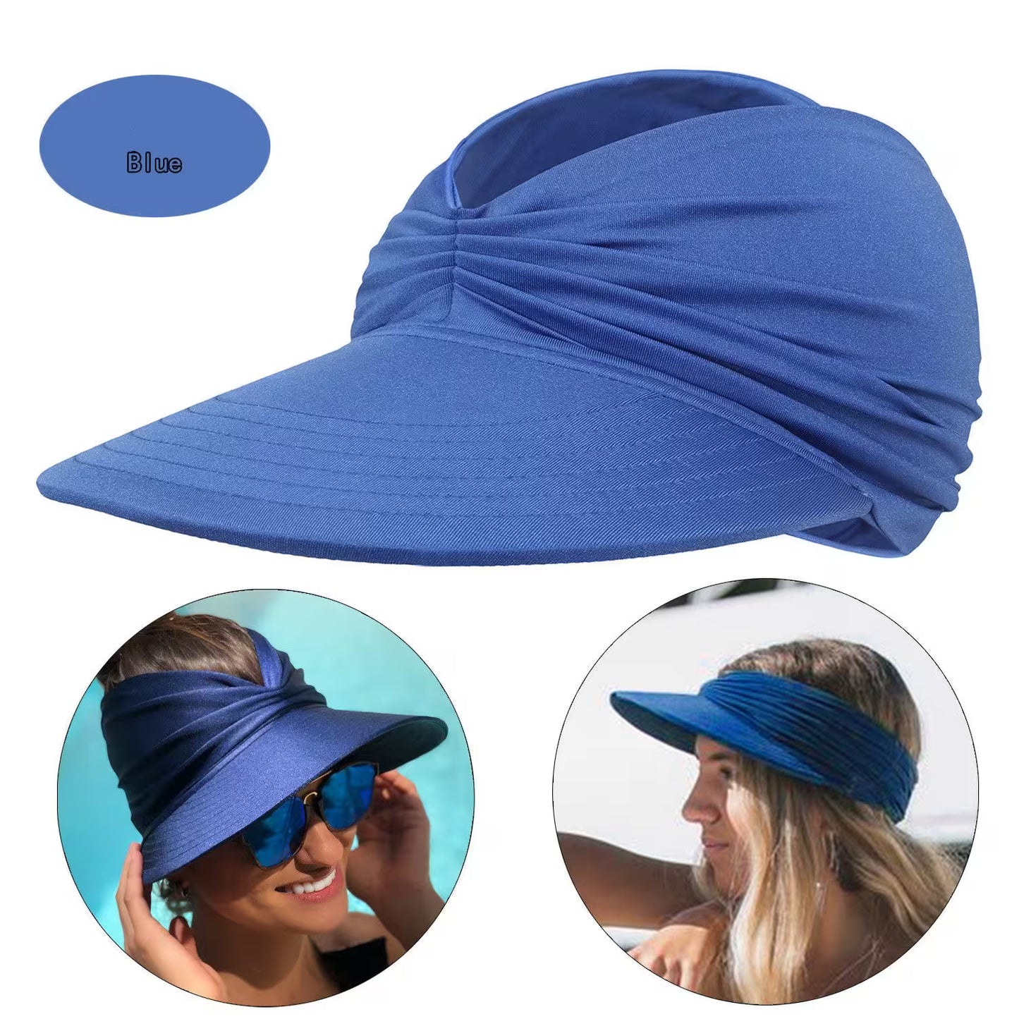 Blue visor cap with two inset images of people wearing it.