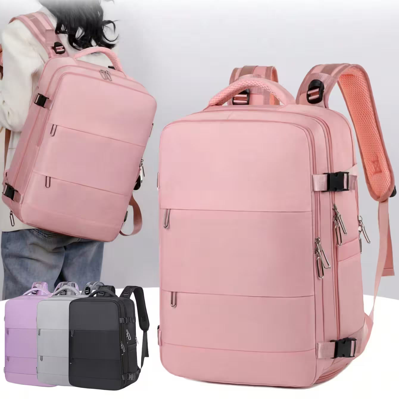 Rucksack Backpack — Large 36–55L Waterproof Travel & Hiking Bag | Laptop Compartment | Black, Gray, Pink & Purple