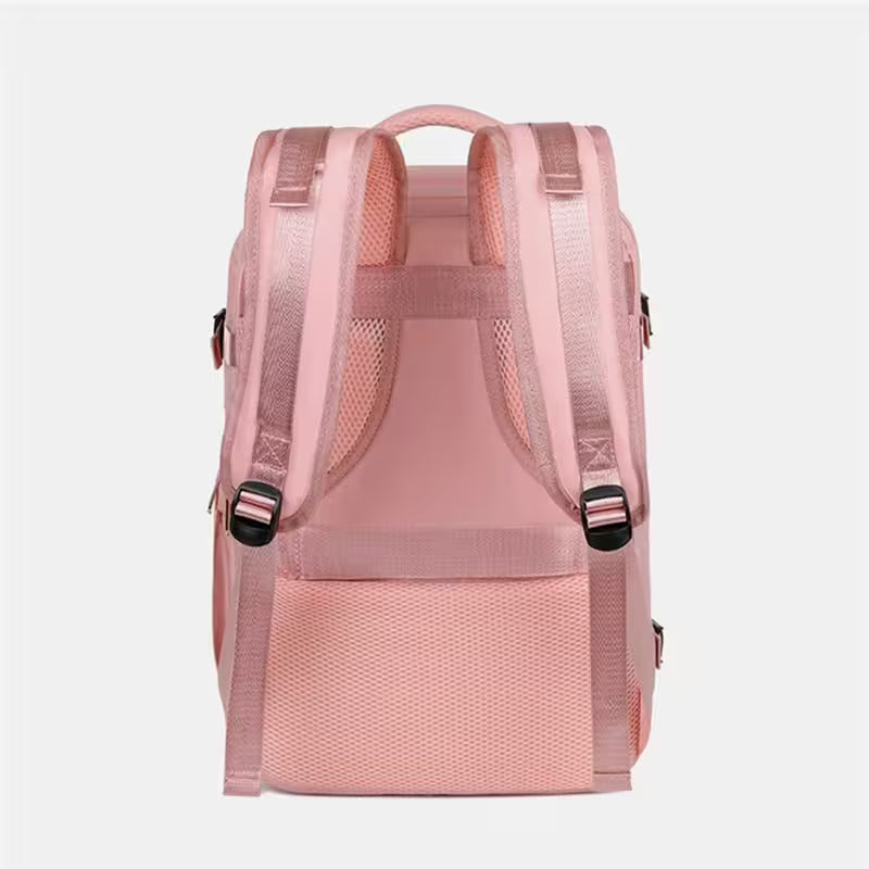 Pink backpack shown from the back on a light gray background