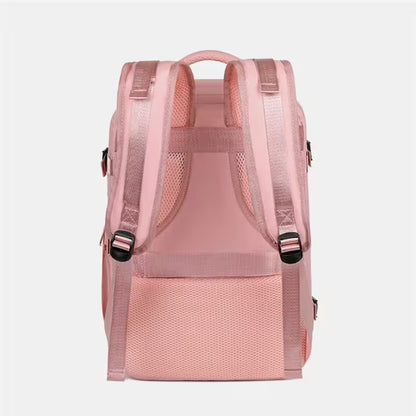 Pink backpack shown from the back on a light gray background