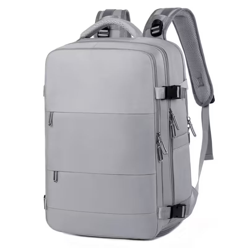 Gray backpack with multiple zippers on a white background