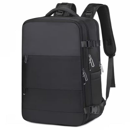 Black backpack with multiple pockets and straps on a white background