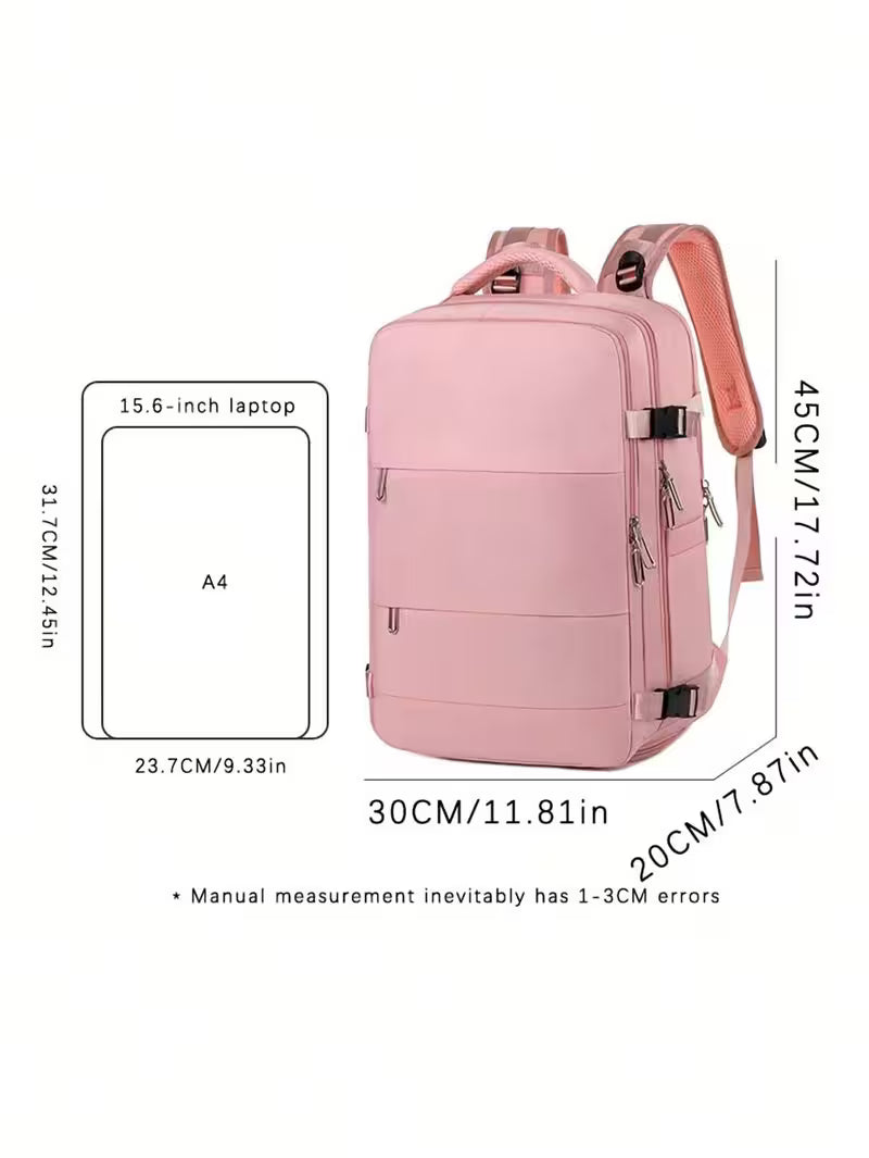Pink backpack with dimensions and laptop size compatibility on a white background