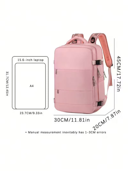Pink backpack with dimensions and laptop size compatibility on a white background