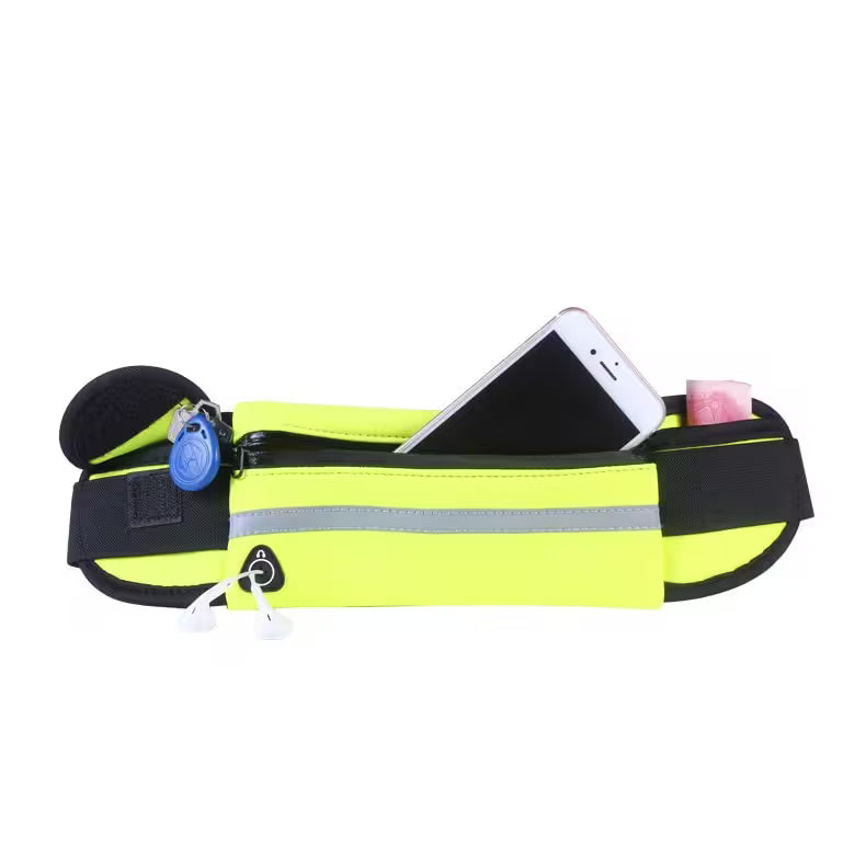 Fluorescent yellow waist bag with black trim holding a phone and small items on a white background