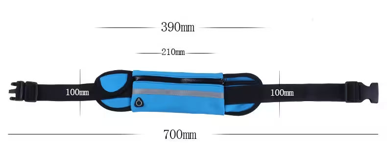 Blue waist bag with measurements on a white background