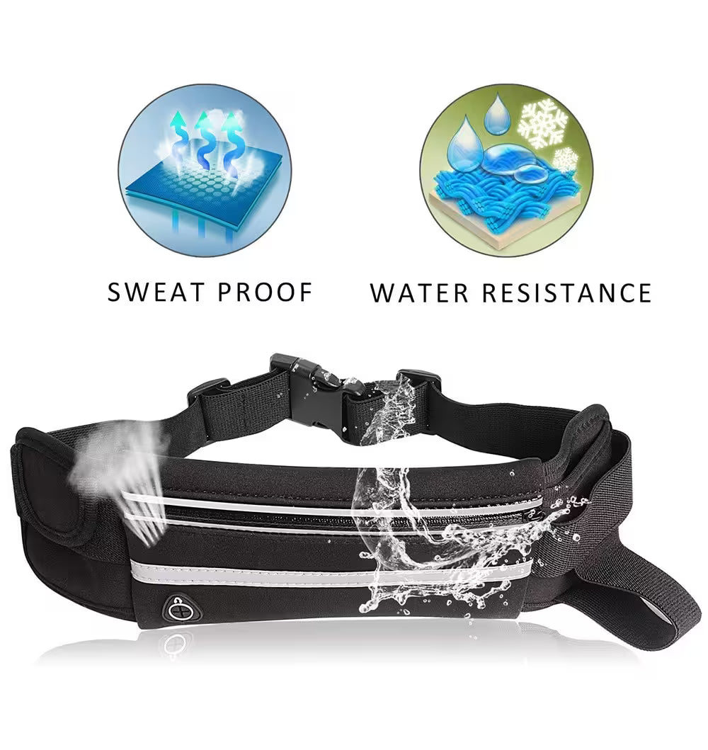 Black waist belt with sweat proof and water resistance features on a white background