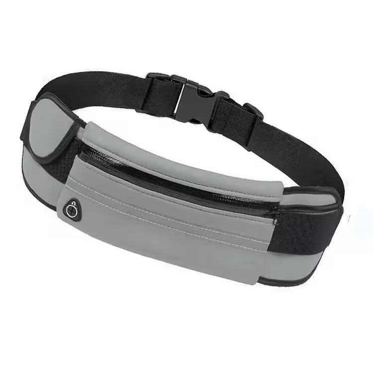 Gray waist bag with black strap on a white background