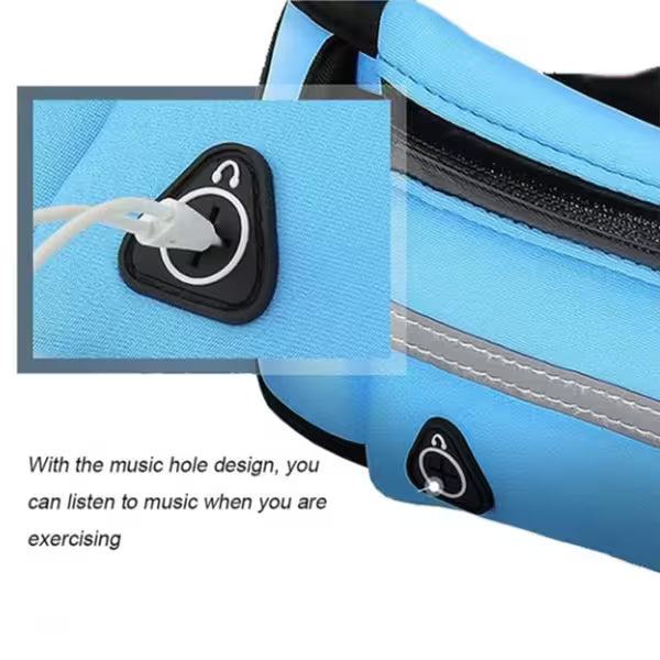Blue waist bag with music hole design for exercising on a white background