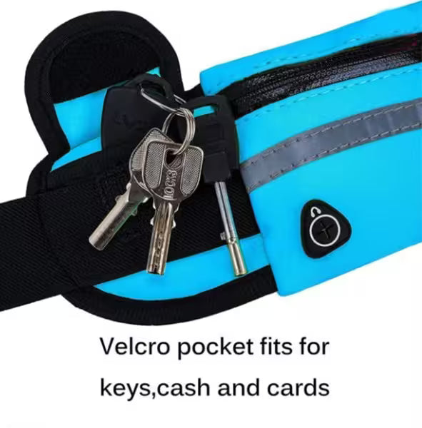 Blue waist bag with keys and cash, featuring a velcro pocket.