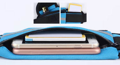 Blue crossbody bag with compartments for electronic devices and cards on a white background