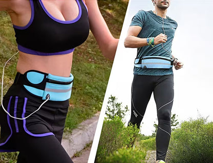 Two people wearing waist pouches outdoors, one in a park and the other on a trail.