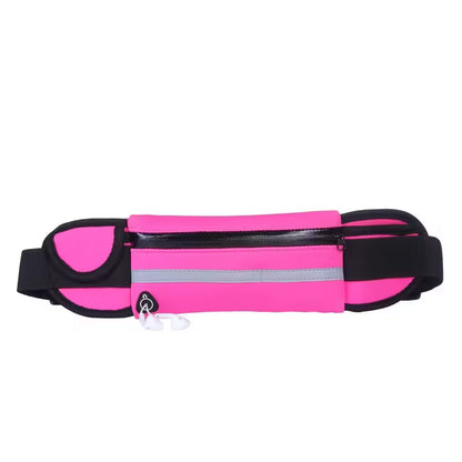 Pink waist bag with black straps on a white background