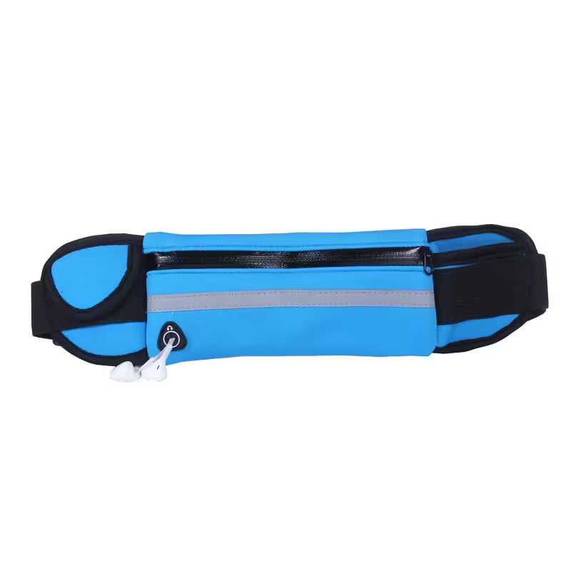 Blue and black waist bag with reflective strip on a white background