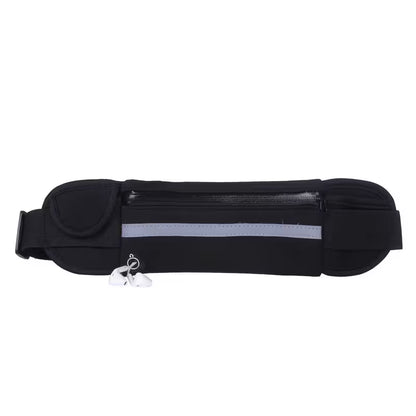 Black waist bag with reflective strip on a white background